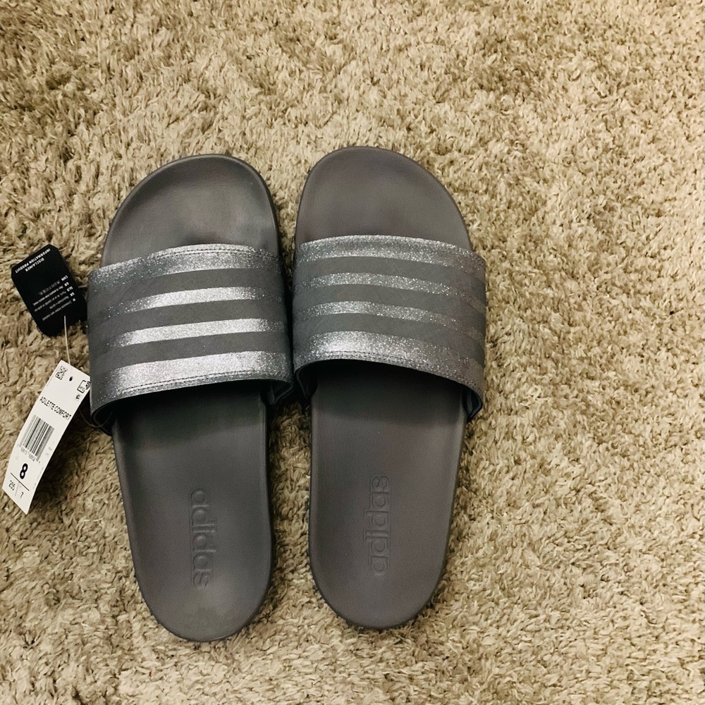 Silver Adidas slides